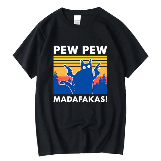 Pew Pew Madafakas Tshirt Men Short Sleeve Novelty Funny Cat T Shirt Cotton Loose Top Shirts Tee T-Shirt Summer Casual Loose Male