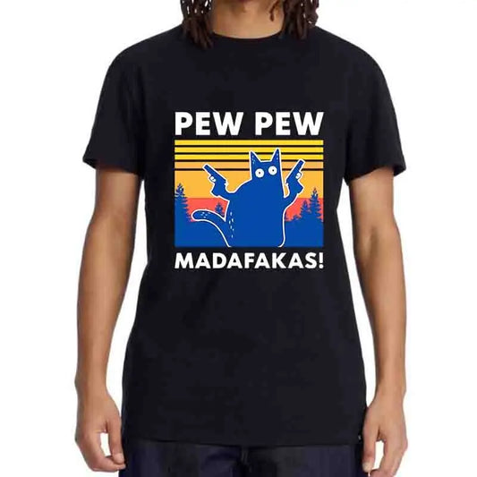 Pew Pew Madafakas Tshirt Men Short Sleeve Novelty Funny Cat T Shirt Cotton Loose Top Shirts Tee T-Shirt Summer Casual Loose Male