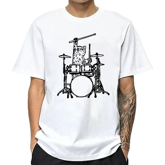Summer Men's High Quality 100% Cotton Funny Music Cat Print T Shirt Loose O-neck T Shirt for Men Short Sleeve T-shirt Male Tops