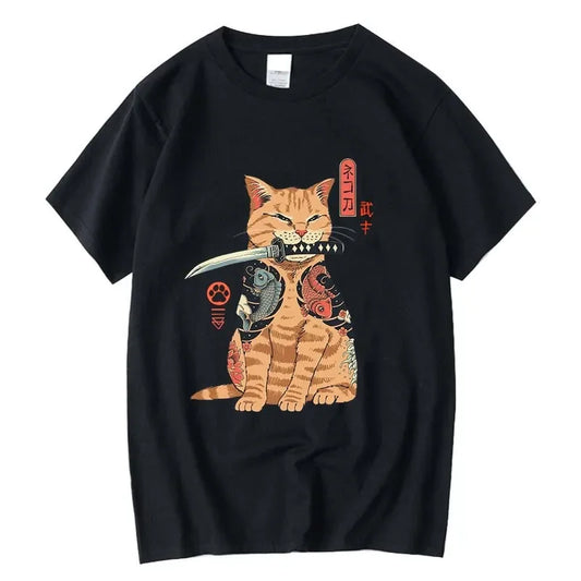 Men's T-shirt Top Quality 100% Cotton Short Sleeve Cool Knife Cat Print O-neck Casual Loose Hip Hop For Men Summer Male Tee tops